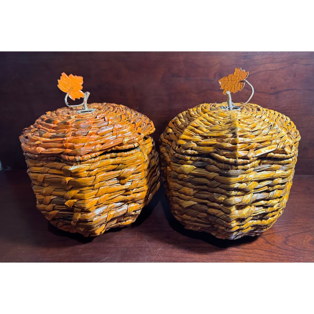 Set of 2 Pumpkin Baskets 8" Orange Wicker Lid Metal Leaf Handle Fall Decor